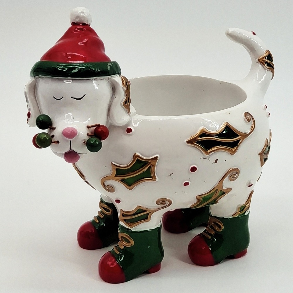 Vintage Ganz Whimsical Christmas Dog Candle Holder Ceramic Holly Berries